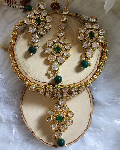 Royal Kundan Bridal Necklace, Maang Tikka, and Earring Set