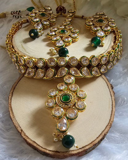 Royal Kundan Bridal Necklace, Maang Tikka, and Earring Set