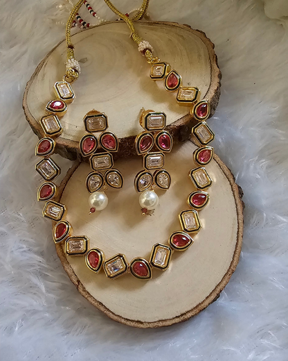 Traditional Gold-Tone Kundan and Red Stone Necklace and Earring Set