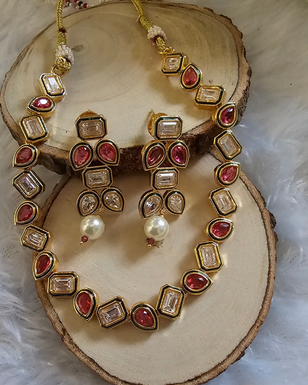 Traditional Gold-Tone Kundan and Red Stone Necklace and Earring Set