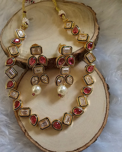 Traditional Gold-Tone Kundan and Red Stone Necklace and Earring Set