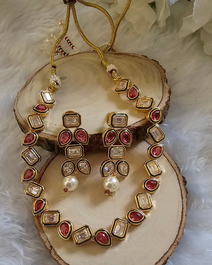 Traditional Gold-Tone Kundan and Red Stone Necklace and Earring Set