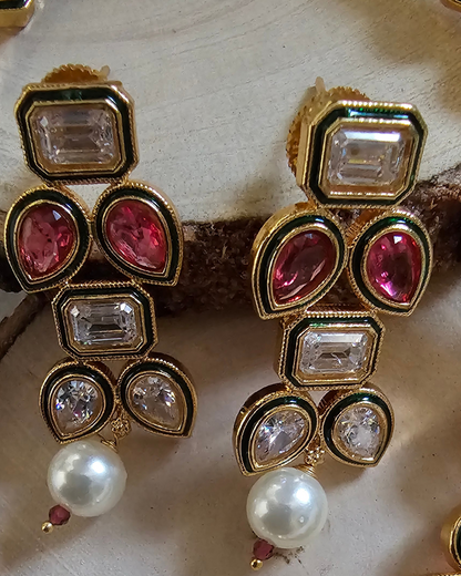 Traditional Gold-Tone Kundan and Red Stone Necklace and Earring Set
