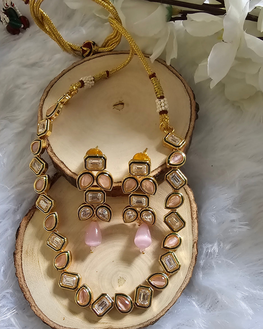 Peach Kundan Necklace and Earring Set with Gold-Tone Finish