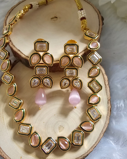 Peach Kundan Necklace and Earring Set with Gold-Tone Finish