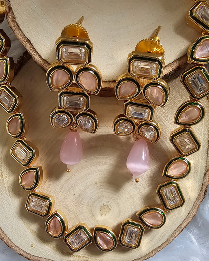 Peach Kundan Necklace and Earring Set with Gold-Tone Finish