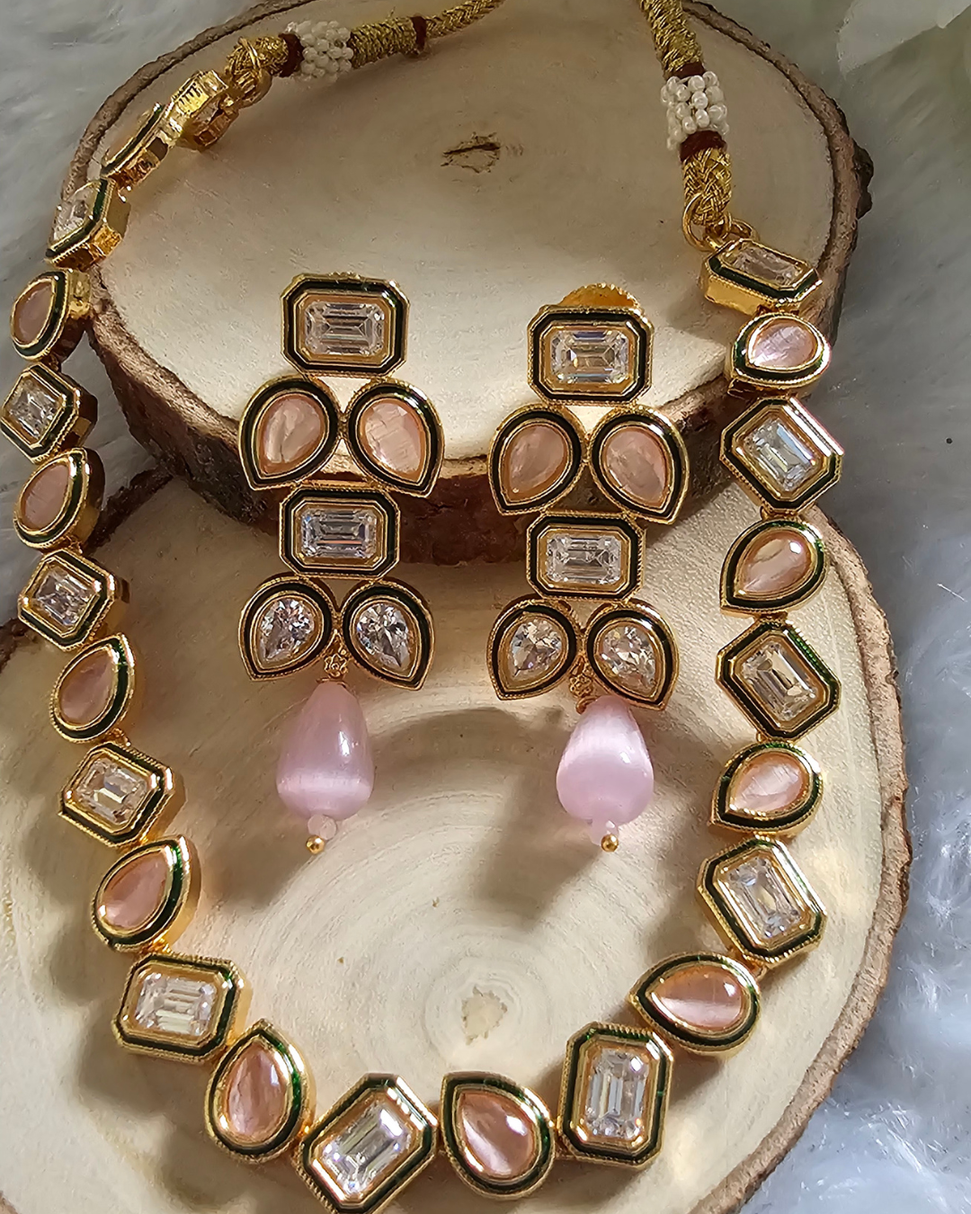 Peach Kundan Necklace and Earring Set with Gold-Tone Finish