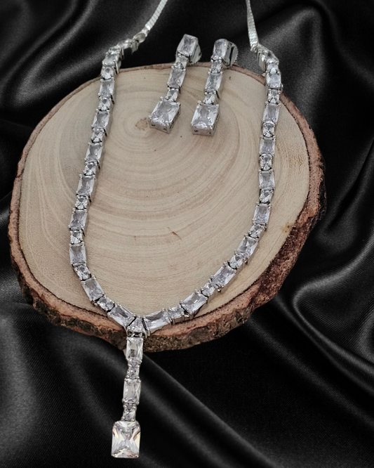 Classic Silver-Tone Crystal Necklace and Earring Set