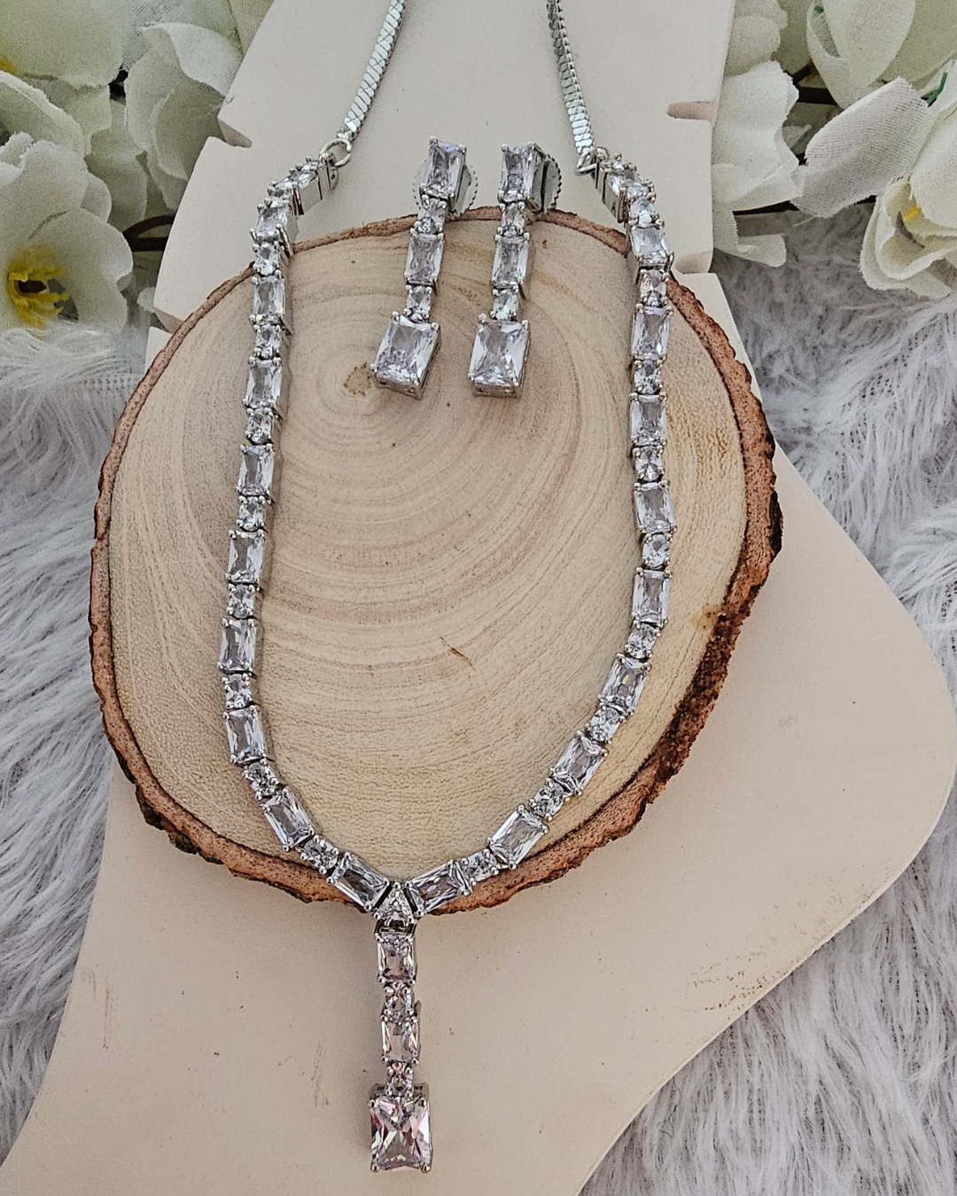Classic Silver-Tone Crystal Necklace and Earring Set
