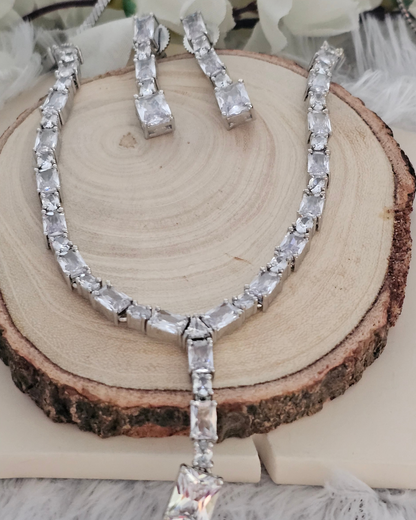 Classic Silver-Tone Crystal Necklace and Earring Set