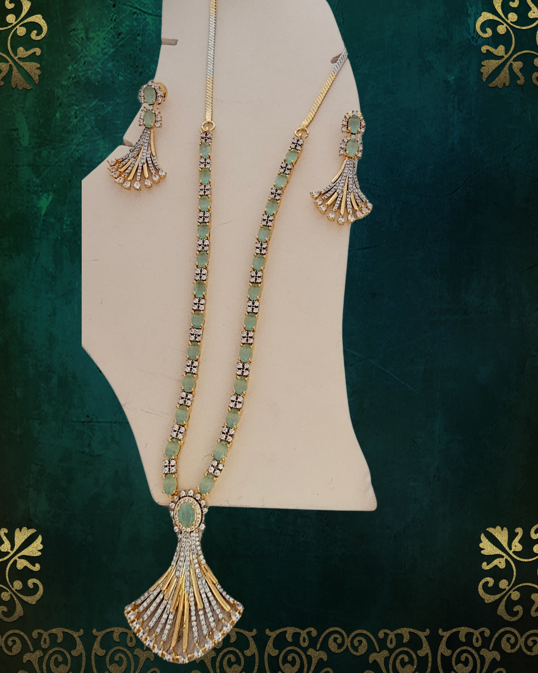 Elegant Mint Green and Gold-Tone Pendant Necklace and Earring Set