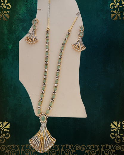 Elegant Mint Green and Gold-Tone Pendant Necklace and Earring Set