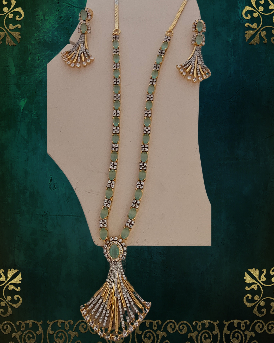 Elegant Mint Green and Gold-Tone Pendant Necklace and Earring Set