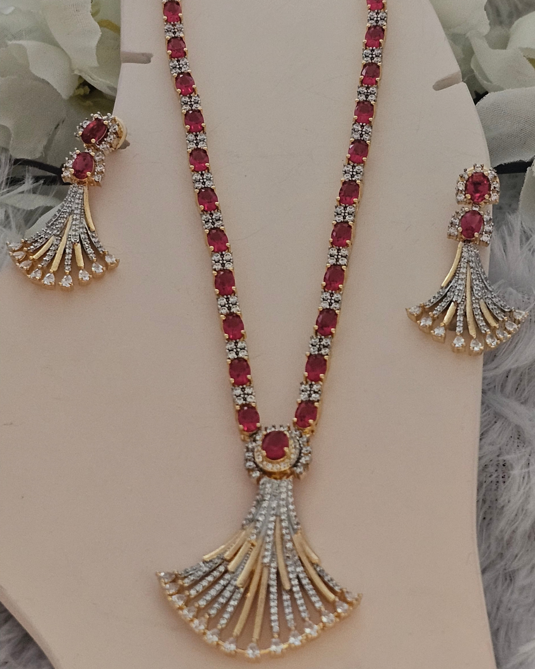 Royal Ruby Red and Gold-Tone Pendant Necklace and Earring Set