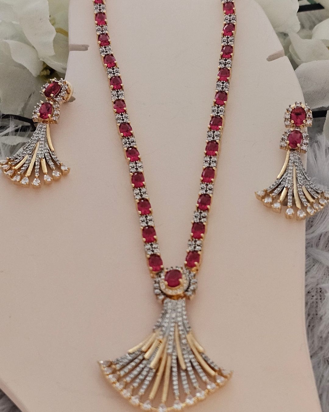 Royal Ruby Red and Gold-Tone Pendant Necklace and Earring Set
