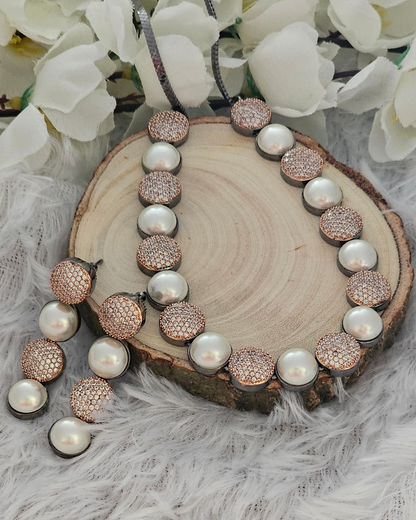 Pearl and Rose Gold Crystal Necklace and Earring Set