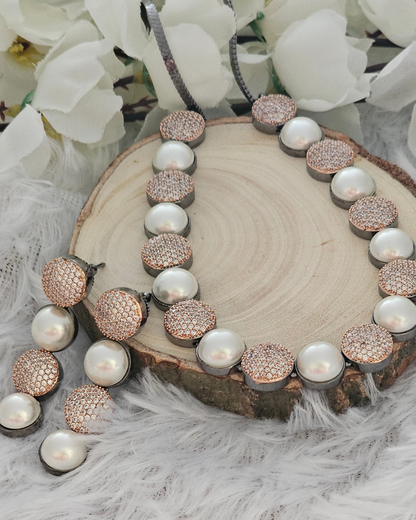 Pearl and Rose Gold Crystal Necklace and Earring Set