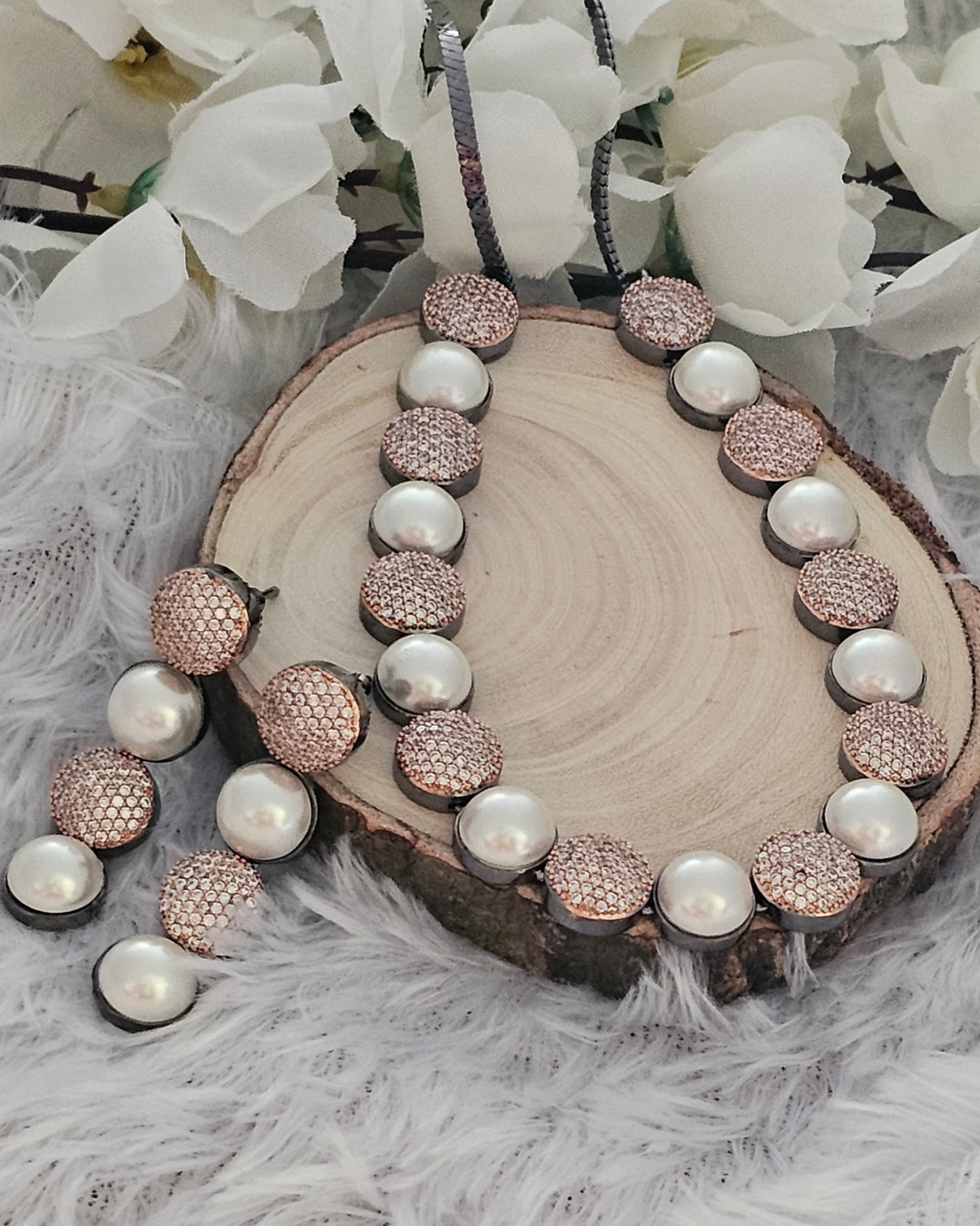 Pearl and Rose Gold Crystal Necklace and Earring Set