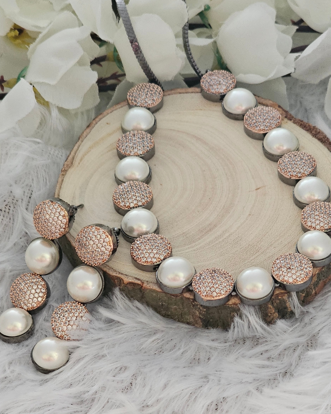 Pearl and Rose Gold Crystal Necklace and Earring Set