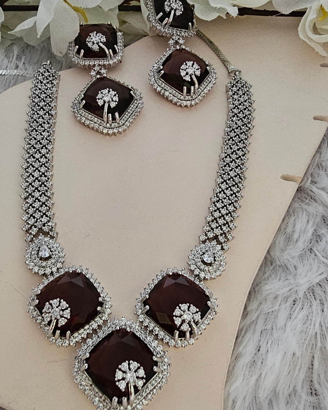 Gorgeous Deep Brown Garnet and Diamond Accent Necklace and Earring Set