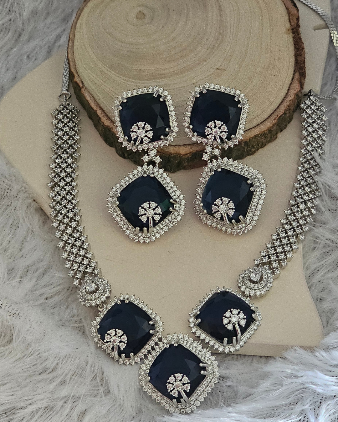 Stunning Midnight Blue and Diamond Accent Necklace and Earring Set