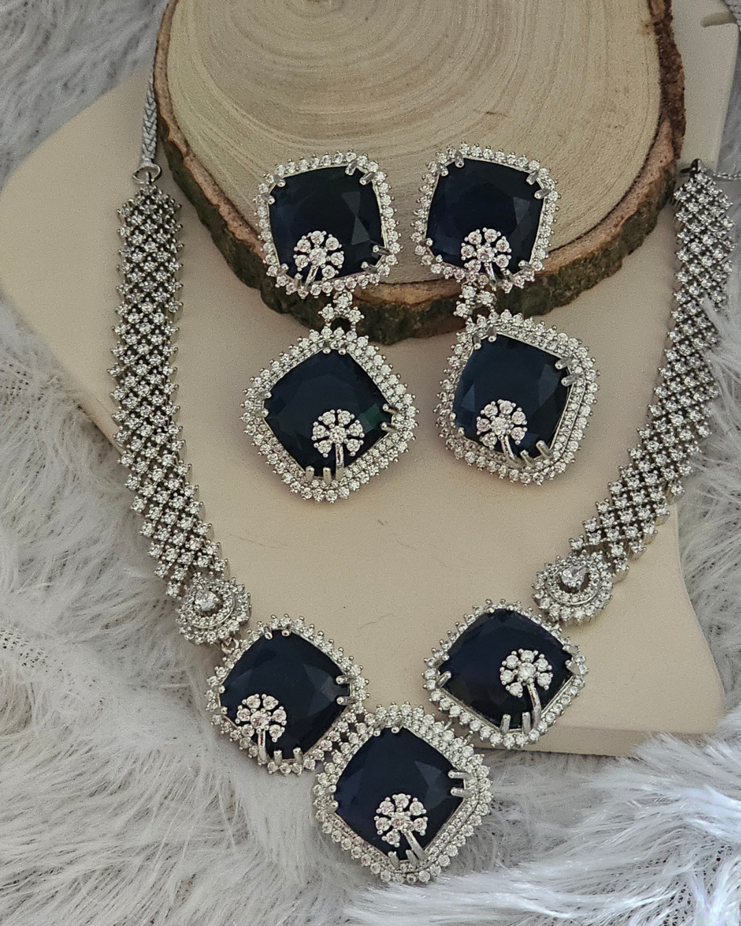 Stunning Midnight Blue and Diamond Accent Necklace and Earring Set