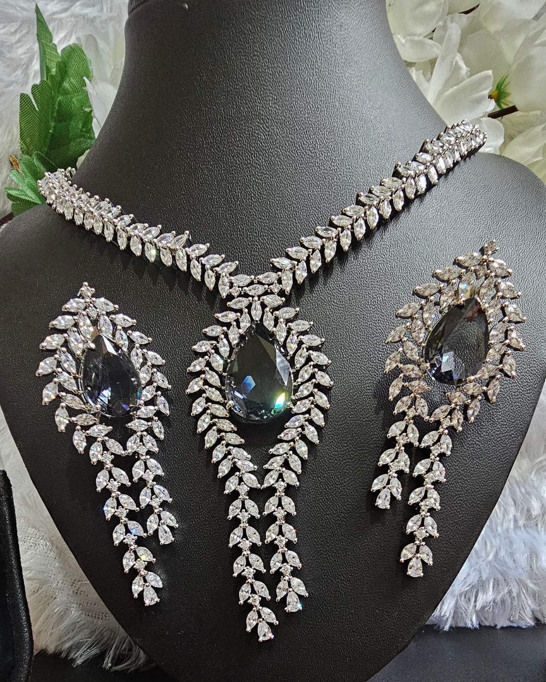 Sparkling Silver Crystal Drop Necklace and Earring Set