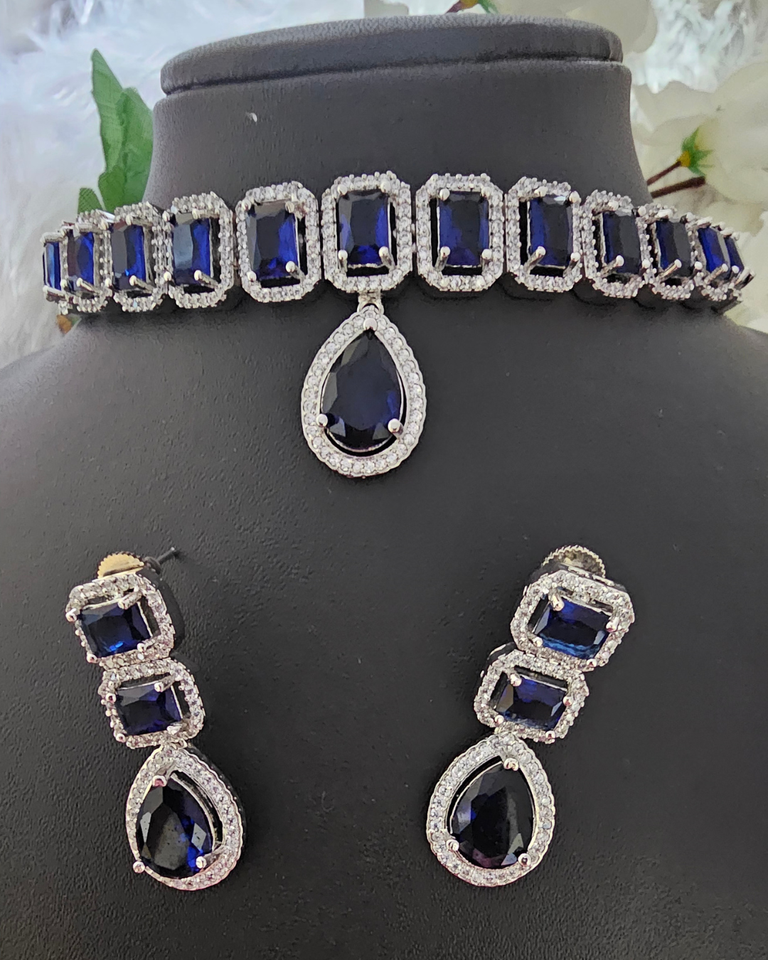 Royal Blue Sapphire and Crystal Necklace and Earring Set