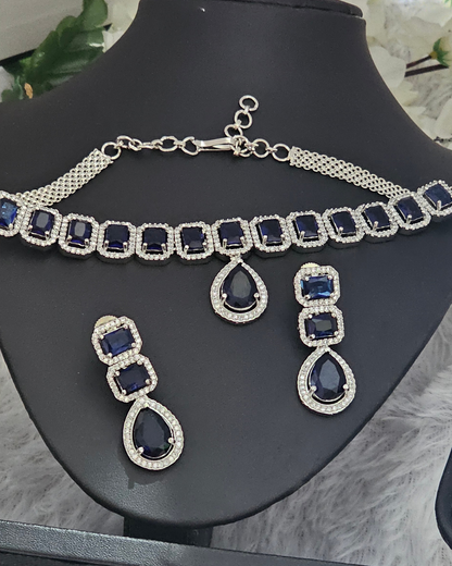 Royal Blue Sapphire and Crystal Necklace and Earring Set