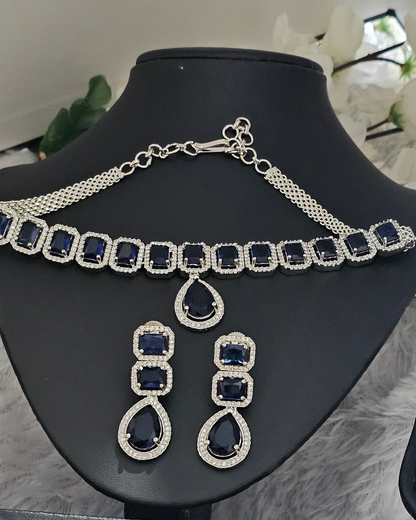 Royal Blue Sapphire and Crystal Necklace and Earring Set