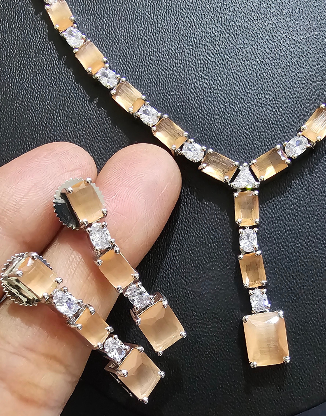 Chic Champagne and Crystal Y-Drop Necklace and Earring Set