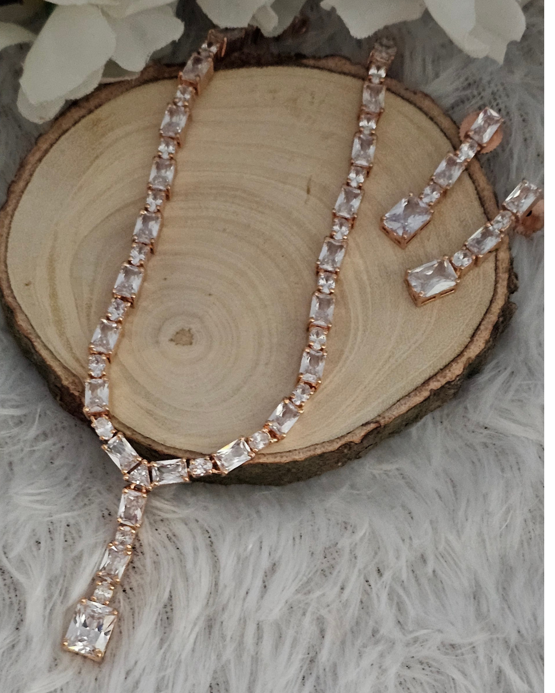 Rose Gold and Crystal Y-Drop Necklace and Earring Set