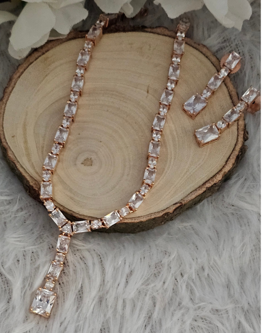 Rose Gold and Crystal Y-Drop Necklace and Earring Set