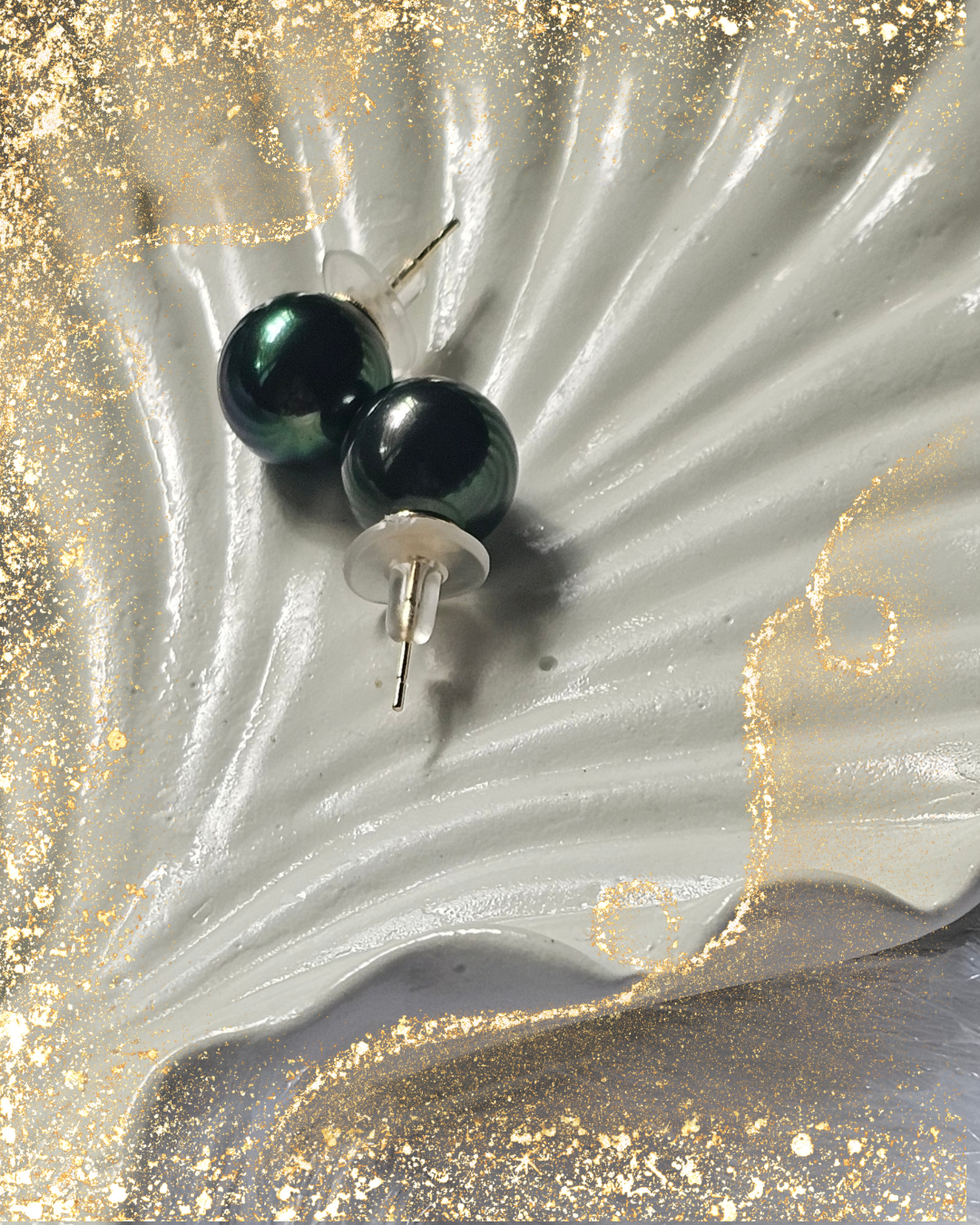 Dark Green Pearl Stud Earrings