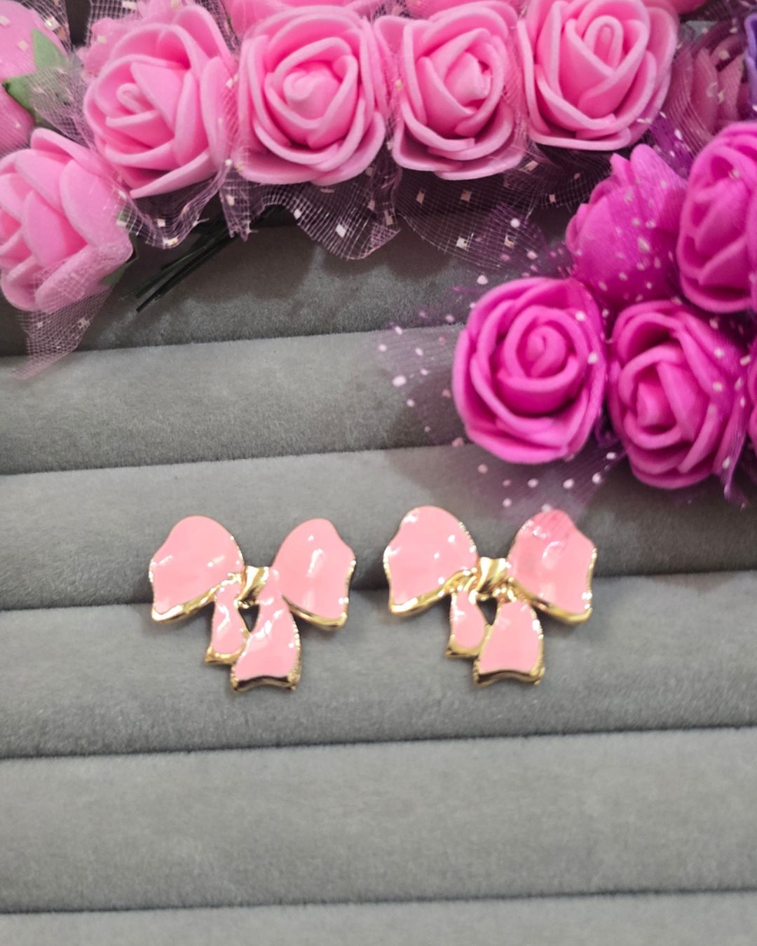 Pastel Pink Enamel Bow Stud Earrings