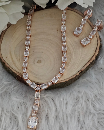Rose Gold and Crystal Y-Drop Necklace and Earring Set