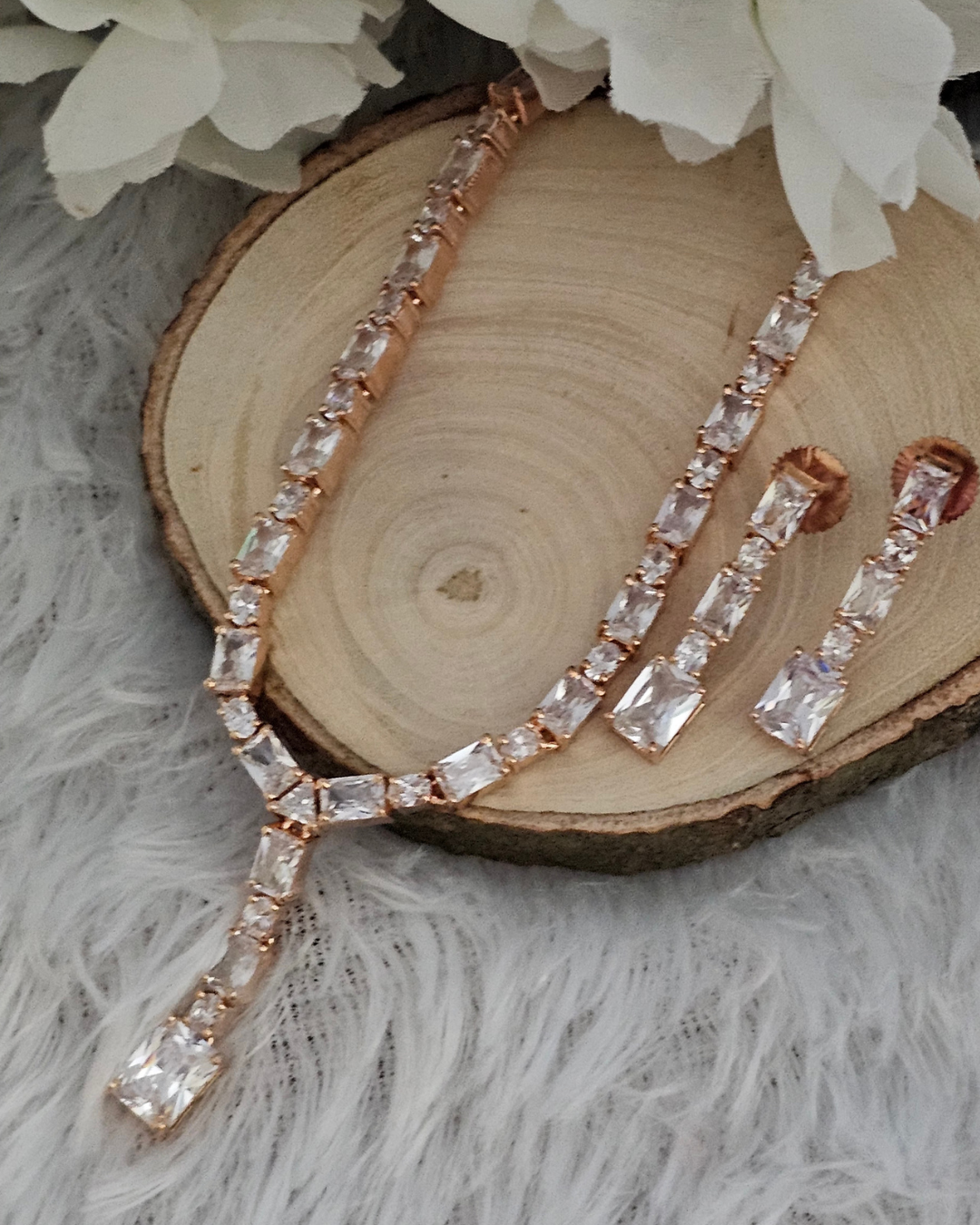 Rose Gold and Crystal Y-Drop Necklace and Earring Set