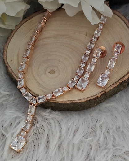Rose Gold and Crystal Y-Drop Necklace and Earring Set
