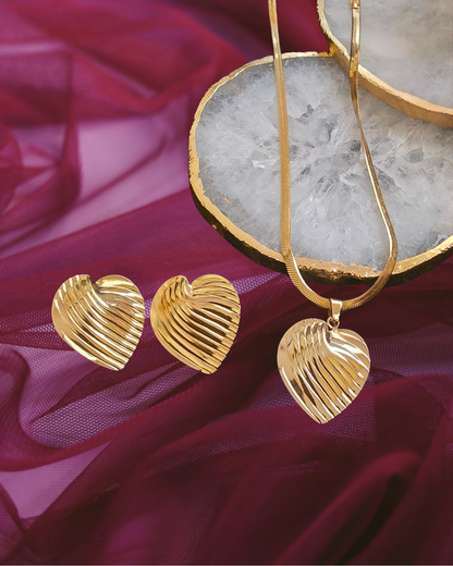 Anti-Tarnish Gold-Tone Textured Heart Necklace Set