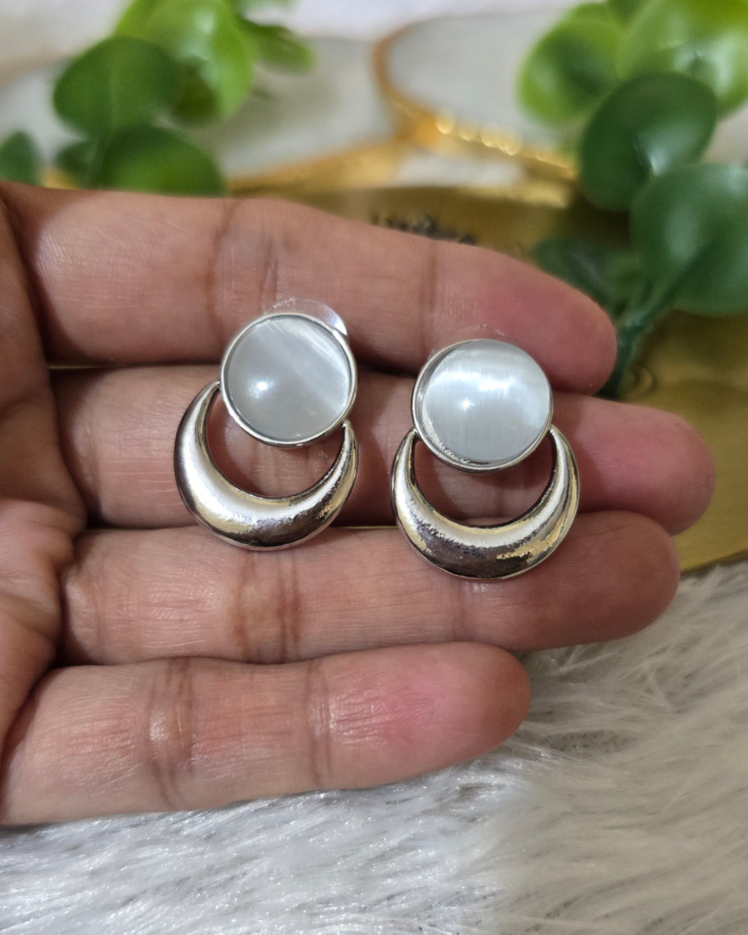 Silver-Tone Moonstone Inspired Stud Earrings