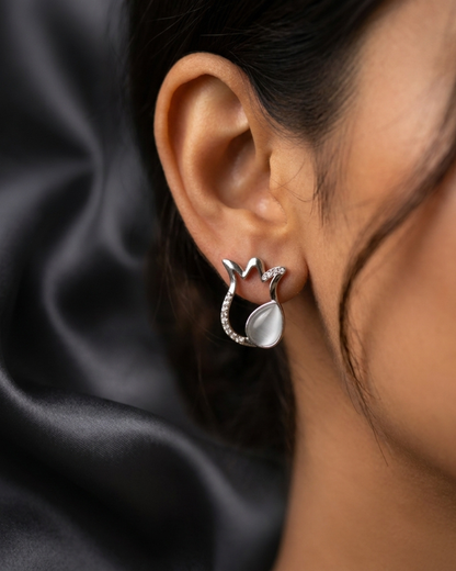 Silver-Tone Cat Eye Stone Stud Earrings