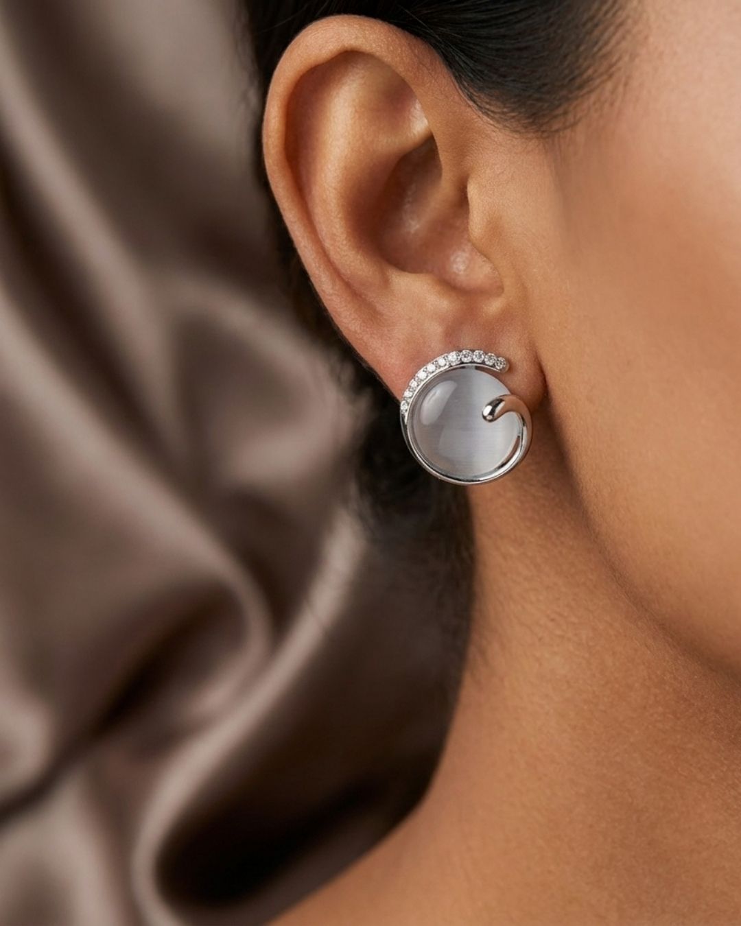 Silver-Tone Cat Eye Stone & Zirconia Stud Earrings