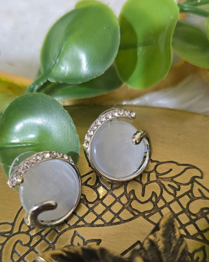Silver-Tone Cat Eye Stone & Zirconia Stud Earrings