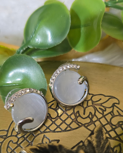 Silver-Tone Cat Eye Stone & Zirconia Stud Earrings
