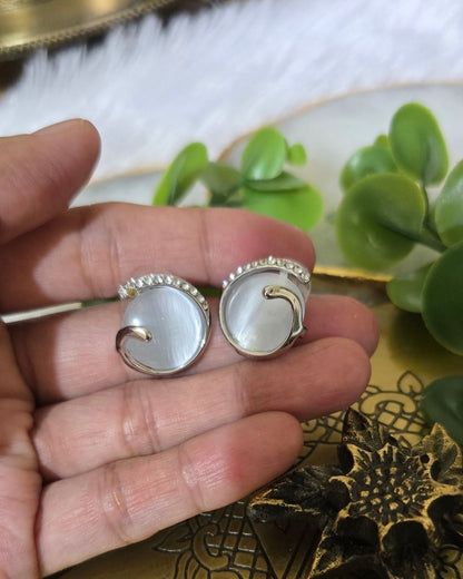 Silver-Tone Cat Eye Stone & Zirconia Stud Earrings
