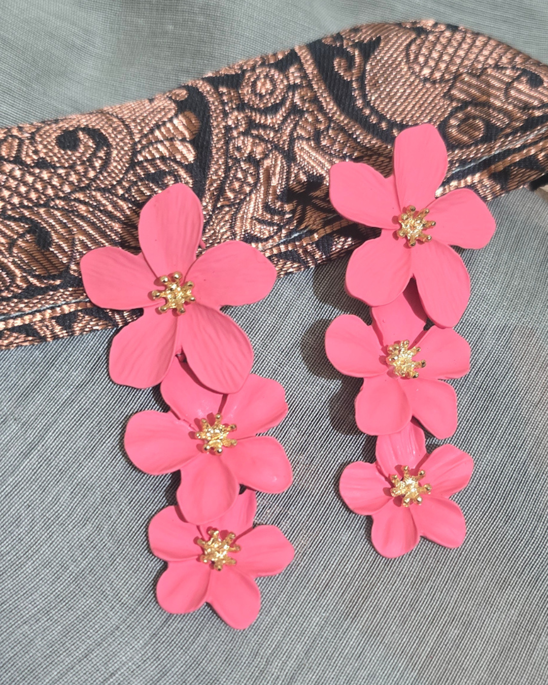 Coral Pink Floral Statement Drop Earrings
