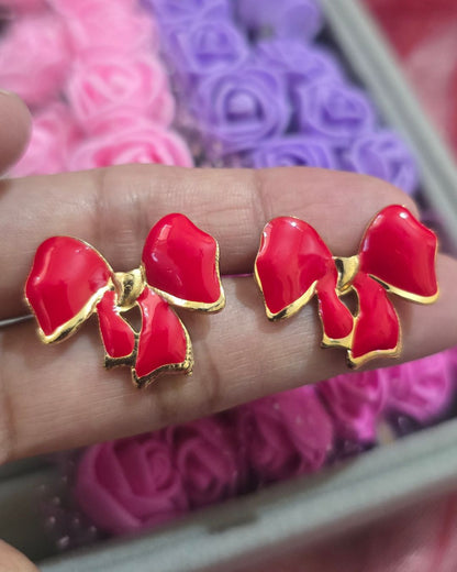 Red Enamel Bow Stud Earrings