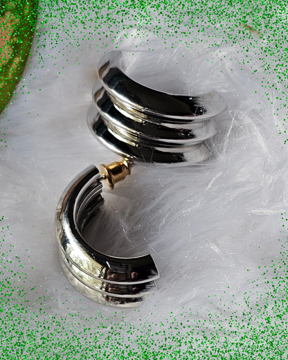 Bold Ribbed Silver Statement Hoop Earrings