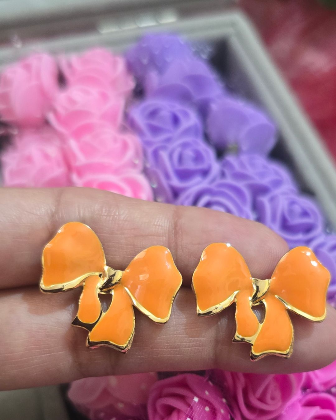 Orange Enamel Bow Stud Earrings