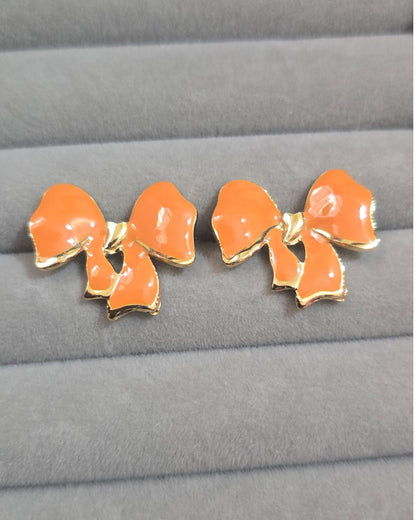 Orange Enamel Bow Stud Earrings